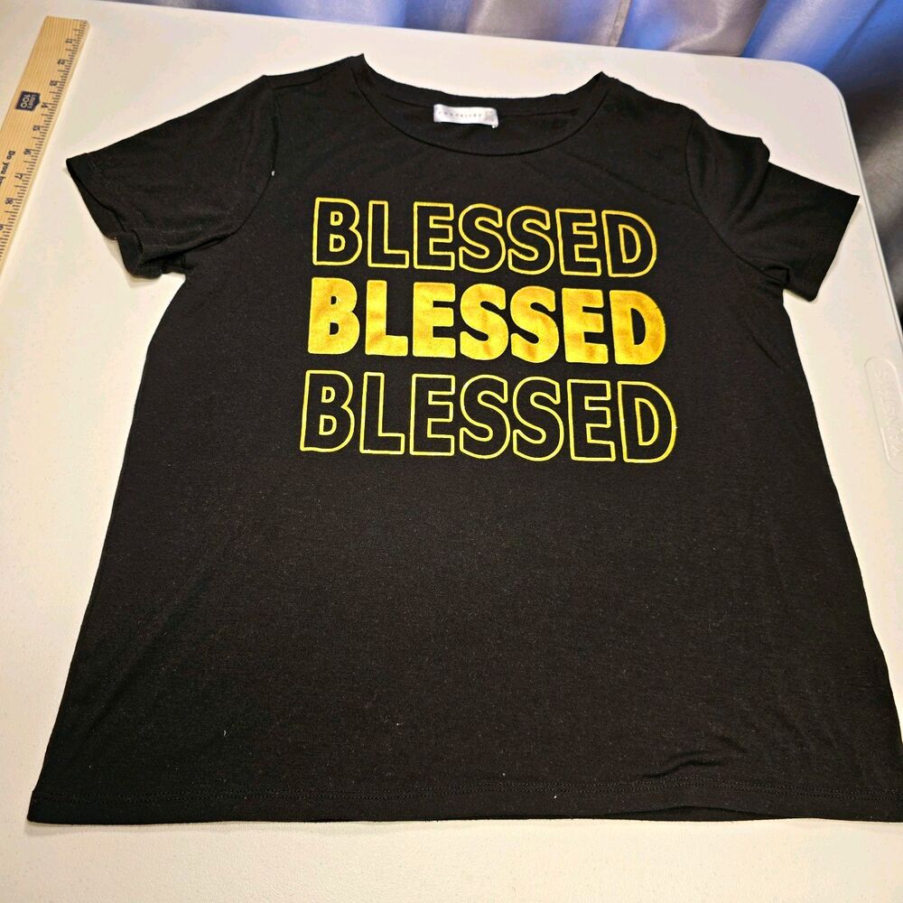 Retrology Women's Black "Blessed" Gold Graphic Print Crew Neck T-Shirt Size M